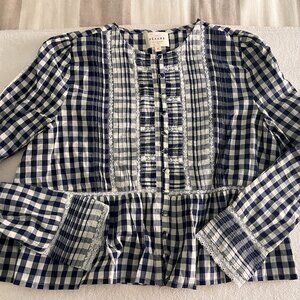 Sezane Charlina Blue Check Lace Peplum Blouse- Size 38